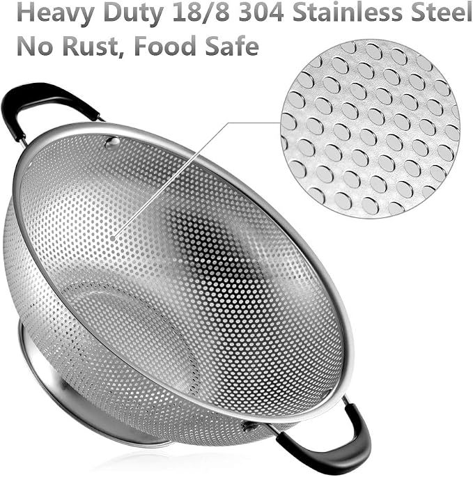 Tiawudi 18/8 Stainless Steel Colander, Easy Grip Micro-Perforated 5-Quart Colander, Strainer with Riveted and Heat Resistant Handles, BPA Free. Great for Pasta, Noodles, Vegetables and Fruits