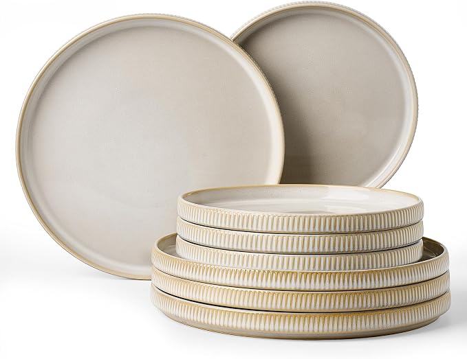 Ceramic Dinnerware Sets for 4, 8-Piece Flat Dinner Plates and Salad Plates | Famiware Premium Stoneware Dishes, Chip & Scratch Resistant, Microwave & Dishwasher Safe, Everyday Dining, Cappuccino White