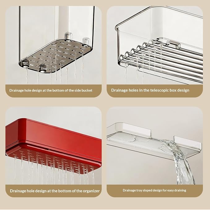 Expandable Kitchen Sink Caddy 25-38cm, 360° Rotating Sponge Holder & Brush | Red, large, stretchable 25-38cm. Side brush holder, triple drainage, rust-proof. Ideal for sponge & kitchen sink accessories.