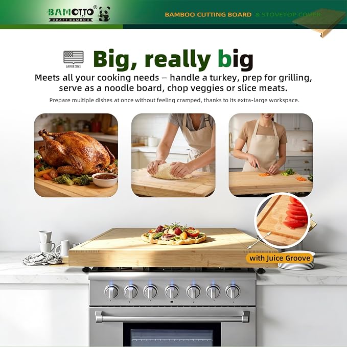BAMOTTO CRAFTBAMBOO 30 x 21 Inch Extra Large Bamboo Cutting Board — Stovetop Cover, Over the Sink Board, Noodle Board, Butcher Block, Charcuterie Board with Detachable Legs & Non-Slip Lip