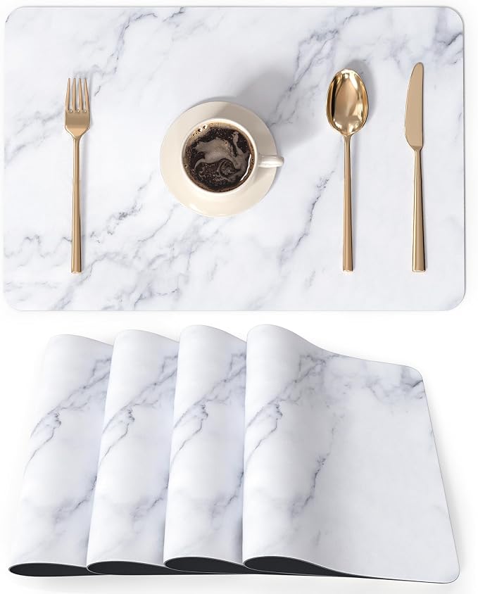 QIYI PU Leather Placemats Set of 4, 12"x18" Waterproof Table Mats, Marble | Faux Leather, Heat Resistant, Anti Slip, Wipeable Place Mats for Kitchen Dinning, Party Table Décor, White Marble