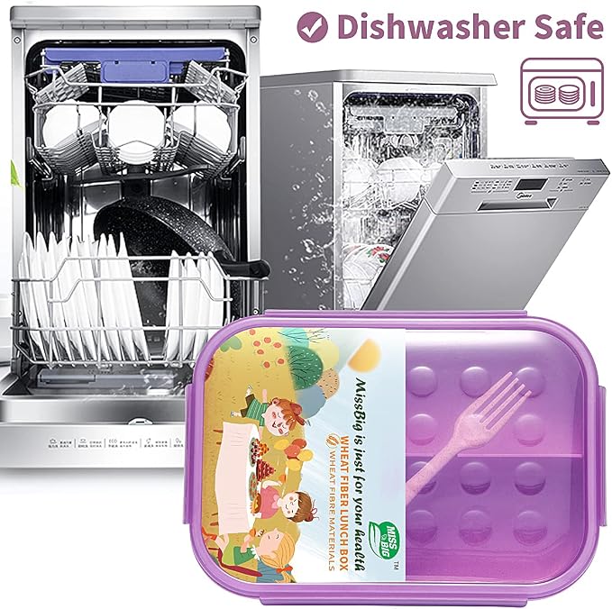 MISS BIG® Large Bento Lunch Box for Adults, 1900ml, 3 Compartments, Purple | Purple 1900ml adult lunch box for office meals, work lunch, meal prep, food storage, picnic, and travel.