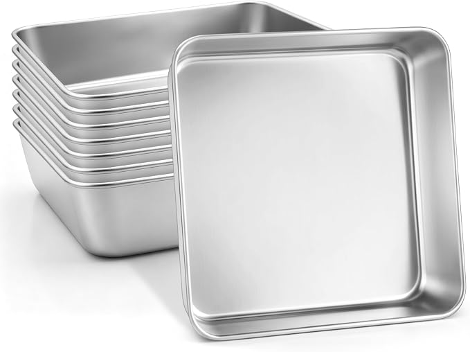 Leonyo Non-Toxic 8x8 Stainless Steel Baking Pan Square Cake Pan, 8 Pack | Commercial-Grade Metal 8x8IN Pan Square Baking Dish For Brownie, Cornbread, Banana Bread, Lemon Bars, Dishwasher Safe