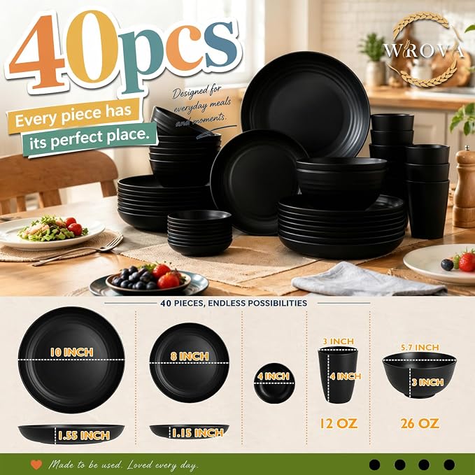 Wheat Straw Dinnerware Sets 40PCS, Black Plates and Bowls Sets for 8 | Unbreakable Dishes Set, Microwave Safe Dinnerware Sets, Dinner Plates/Cereal Bowls/Sauce Dishes/Drink Cups for RV, Apartment