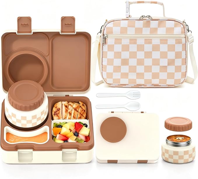 Bento Box for Kids, Leakproof Kids Lunch Box with 8.5OZ Thermo Food Jar & Lunch Bag, 3-4 Compartments Toddler Insulated Lunch Box for Girls, BPA Free Lunch Containers for School Daycare