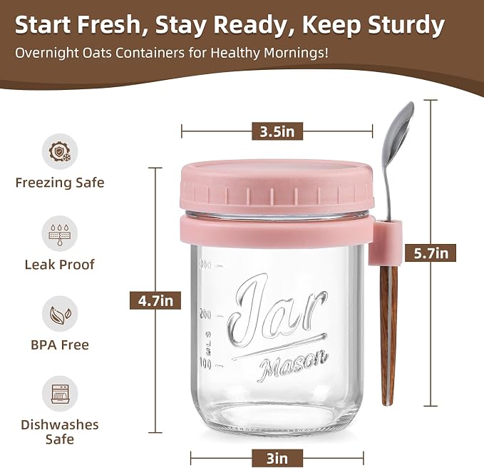 LANDNEOO 4 Pack Overnight Oats Containers with Lids and Spoons, 16 oz Glass Mason Jars with Airtight Lids, Overnight Oats Jars for Milk, Cereal, Fruit-Pink