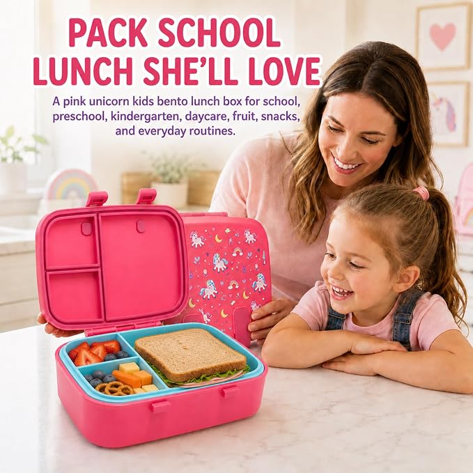 MISS BIG Bento Lunch Box for Kids, Pink Unicorn, 3 Compartments, 800ml | Kids lunch box for preschool, daycare, kindergarten, school meals, snacks, and everyday kid portions