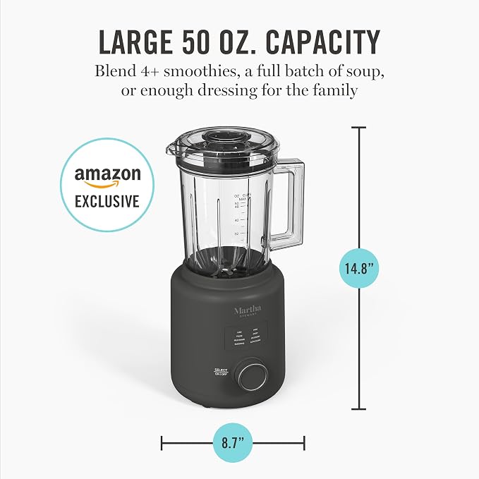 Martha Stewart 50oz Countertop Blender, 3 Speeds, 5 Presets, Caviar Gray | BPA-Free Pitcher, Smoothies, Margaritas, Milkshakes & Ice Crushing, Stainless Steel Blades, Auto-Clean, Dishwasher-Safe Parts