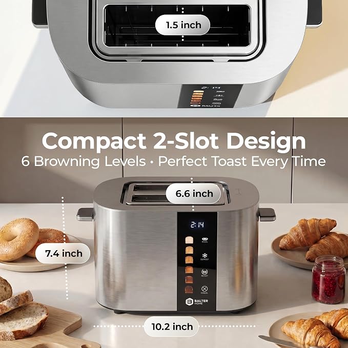 Balter Toaster 2 Slice, Bagel Function, Stainless Steel, Touch Screen, Built-in Rack, Extra-Wide 1.5" Slots for Thick Breads & Bagel, Timer, BPA-Free, Removable Tray