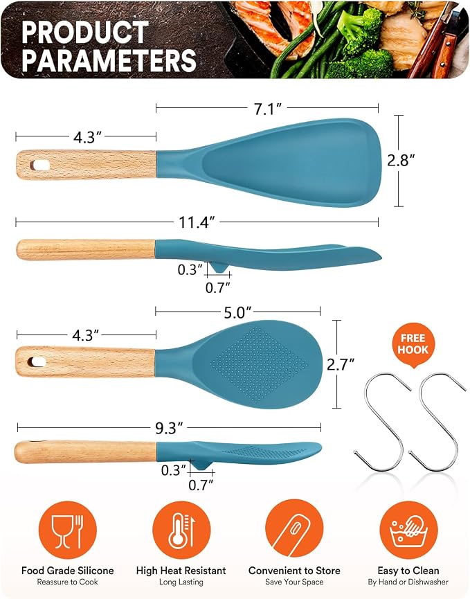 Cooking Spoon and Rice Scooper for Nonstick Cookware,Multi-function | Great for Cooking and Serving, Sturdy BPA-Free Matte Silicone, Wood Handle Spoon for Mixing, Scoop, and Scrape,9.3"+14.3"