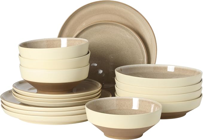Gibson Elite Octavia Place 16 Piece Stoneware Dinnerware Set, Service for 4, Coupe Modern Plates & Bowls, Reactive Glaze Finish, Taupe, Microwave & Dishwasher Safe