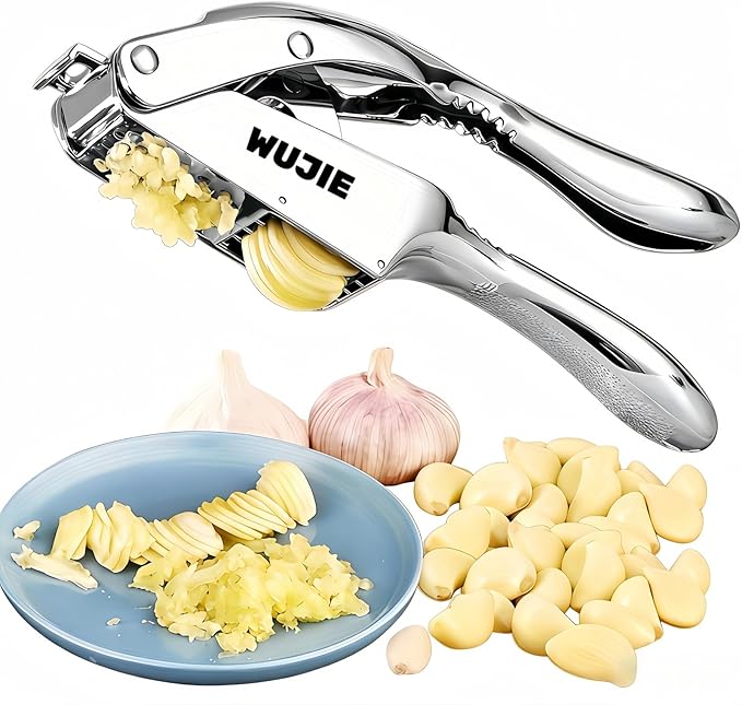 WUJIE Stainless Steel Garlic Press and Slicer - 2-in-1 Crusher and Mincer, Professional Kitchen Tool with Cleaning Brush for Garlic and Ginger, Aluminum Alloy