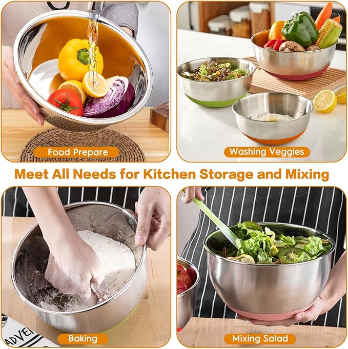 Mixing Bowls with Airtight Lids, 18pcs Stainless Steel Mixing Bowls Set | Nesting Non-slip Silicone Bowls Bottom, Size 4.5, 3.6, 2.7, 2.1, 1.7, 1.1, 0.7 qt, Fit for Mixing & Serving(Colorful )