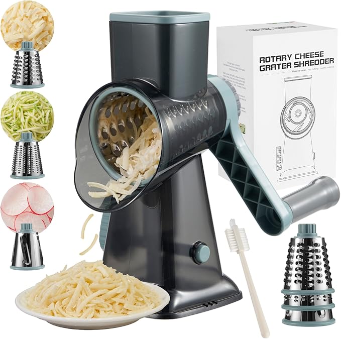 Rotary Cheese Grater hand crank 3 blades with Stronger Suction Base | Stainless Steel Blades for Fruits, Vegetables, Nuts. Dishwasher Safe & Easy to Clean, Transparent Black & Blue