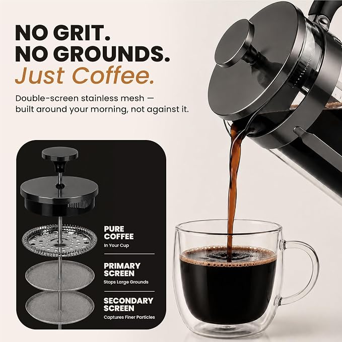 EzDtach French Press Coffee Maker 34oz Grey – Borosilicate Glass Pot | 304 Grade Stainless Steel French Press, Double Filter and 2 Extra Screens for Rich, Full-Bodied Flavor at Home or Office