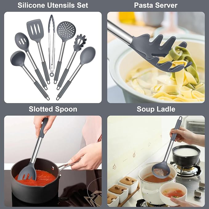 E-far Silicone Cooking Utensils Set, 7-Piece Gray Kitchen Utensils Set | Heat Resistant Nonstick Cookware with Stainless Steel Handle, Slotted Turner, Spoon, Soup Ladle, Pasta Server, Skimmer, Tongs