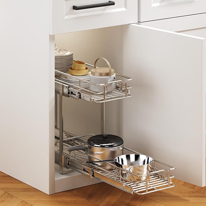 2 Tier Individual Pull Out Cabinet Organizer 5½" W x 21½" D, Heavy Duty Cabinet Pull Out Shelves, Slide Out Drawers Organization for Kitchen Cabinets Bathroom