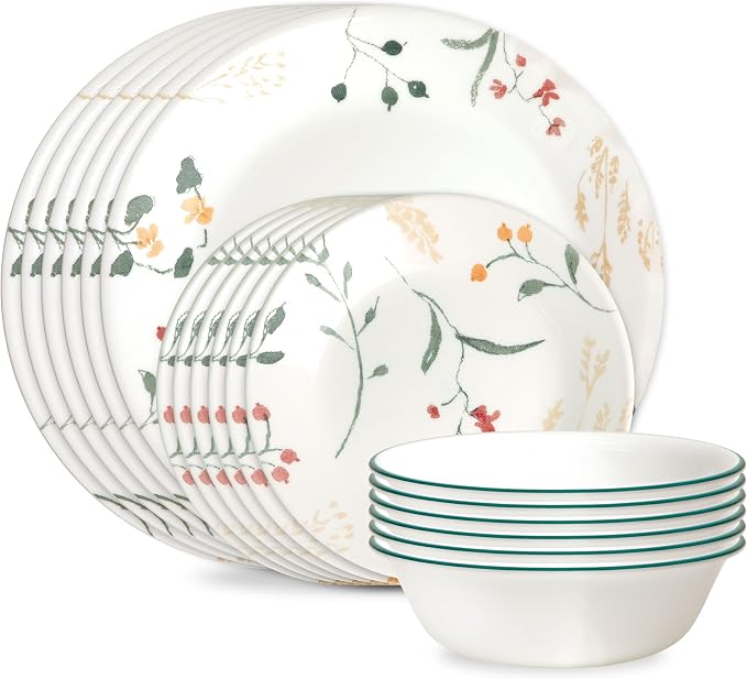 Corelle Vitrelle 18 Piece Glass Dinnerware Sets Service for 6, Triple Layer Chip & Crack Resistant Glass Plate and Bowl Sets, Wildflower