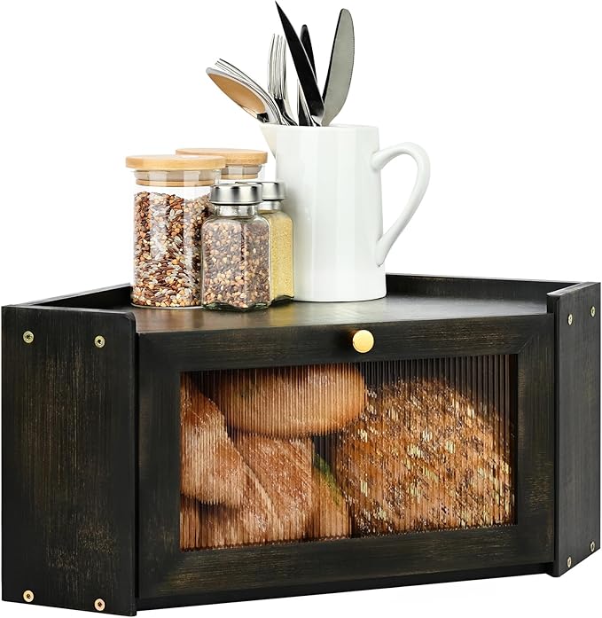 Bread Box for Kitchen Countertop with Acrylic Window Black | Farmhouse Bread Storage Container, Large Pantry Organizers for Homemade Snacks, Loaves, Breathable Keeps Bread Fresh