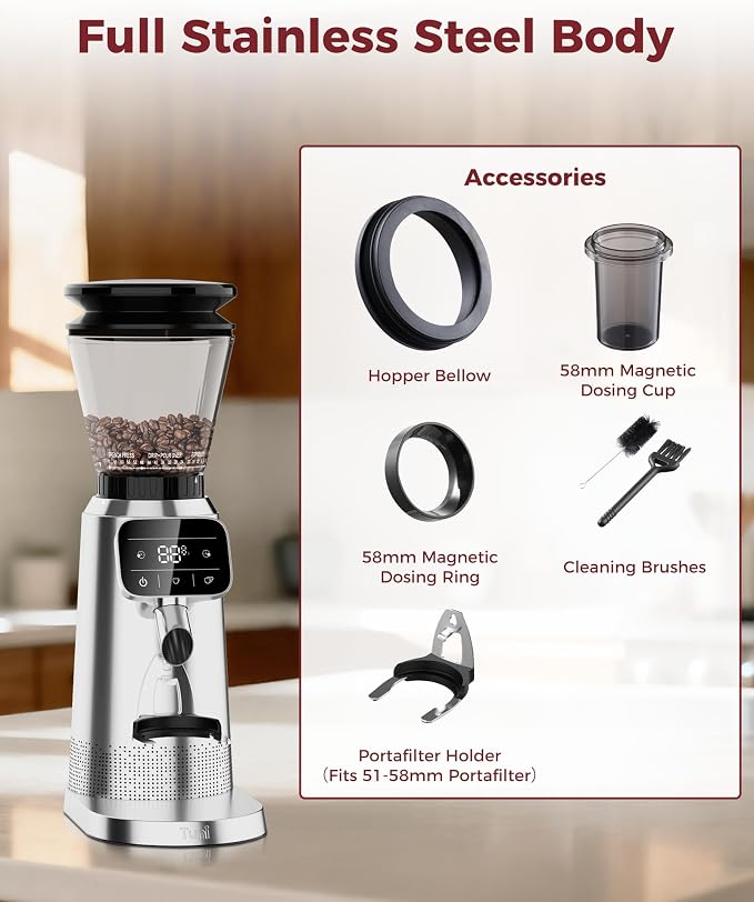 Tuni G2 Conical Burr Coffee Grinder, 70 Grind Settings, Stainless Steel | Electronic Anti-static Burr Grinder with Precision Timer LED Touchscreen for Espresso/Drip/Cold Brew/French Press, Silver