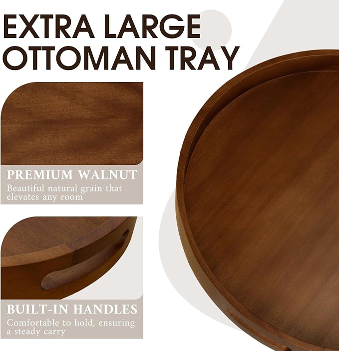 Extra Large Ottoman Tray, 24" Round Black Walnut Wood Serving Tray | Farmhouse Wooden Decorative Tray with Handles, Oversized Coffee Table Tray, Serving Platter Tray for Living Room, Countertop