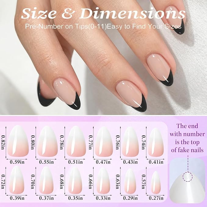 Press On Nails, Black French, Short Almond | French Tip UV Finish Short Almond Fake Nails Salon Quality Nails in 12 Sizes - 24 Nail Kit with Glue