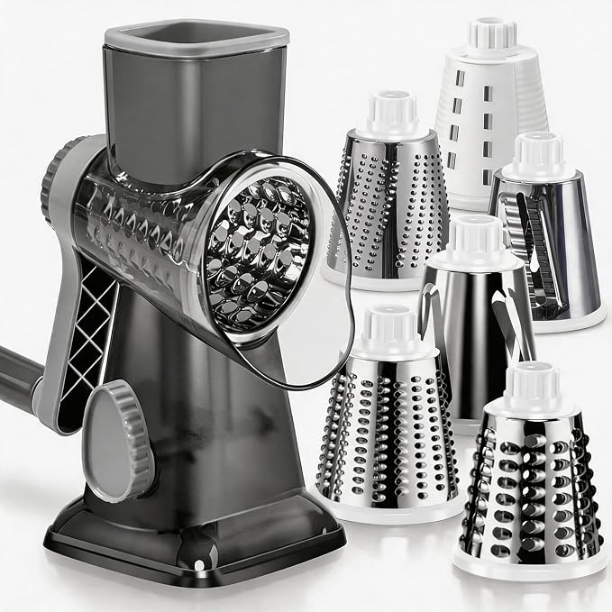 Rotary Cheese Grater Pro 6 in 1 - Shredder Crinkle Slicer Grinder Ice Shaver, Stable Suction, Time-saving Easy Use & Clean, Safe Morden Kitchen Tool for Cheese, Vegetable, Nuts, Chocolate