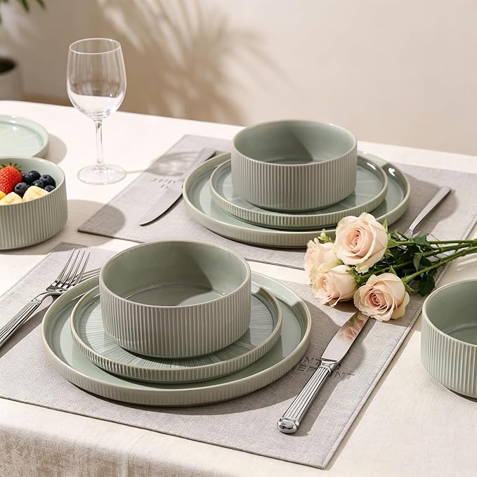 Stoneware Dinnerware Sets for 4, 12-Piece Plates and Bowls Set, Sage Green | Advanced Inkjet Printing Ceramic Dishes, Modern Minimalist Tableware, Scratch Resistant, Microwave and Dishwasher Safe