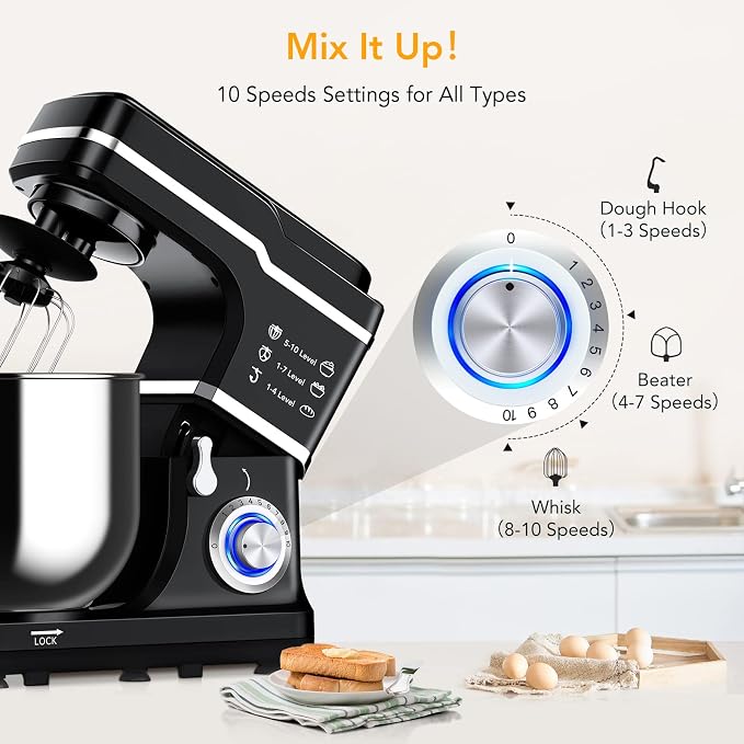 Stand Mixer Dough Mixer 7QT 660W 10-Speed Tilt-Head Dough Mixer, Electric Kitchen Mixer with Stainless Bowl, Hook, Whisk, Beater & Splash Guard, Black (black)
