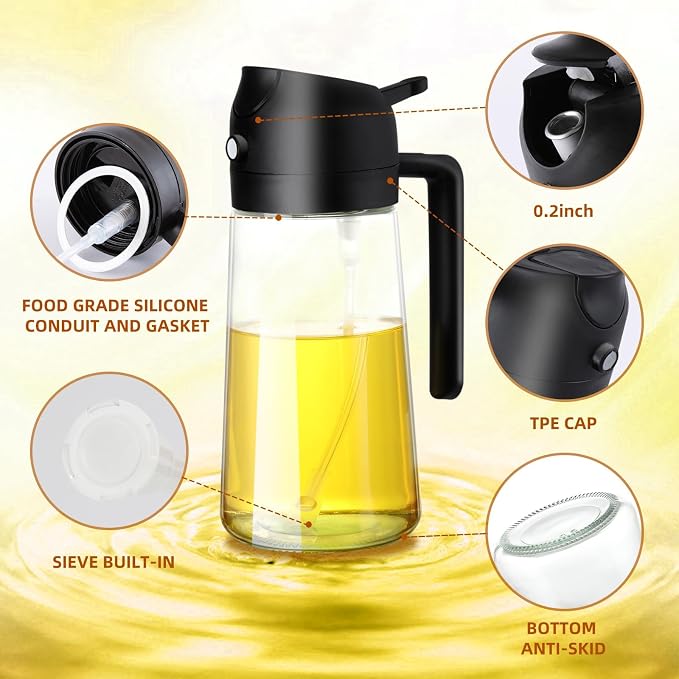 Himal's 16oz/ 470 ml Glass Olive Oil Dispenser and Sprayer Bottle,2 in1 Cooking Oil Spray Container for Kitchen