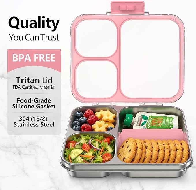 HOMEKOL Stainless Steel Bento Lunch Box 3-Compartment, 4.2Cups, Pink | Leak-Proof Metal Lunch Container for Kids & Adults, BPA-Free, Dishwasher Safe, Clear Tritan Lid, 1000ml (Not Insulated)