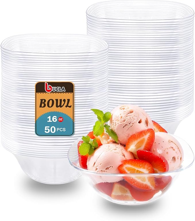bUCLA 50Pack Clear Plastic Serving Bowls - 16oz Disposable Serving Bowls for Party Dessert/Ice Cream/Salsa/Snack