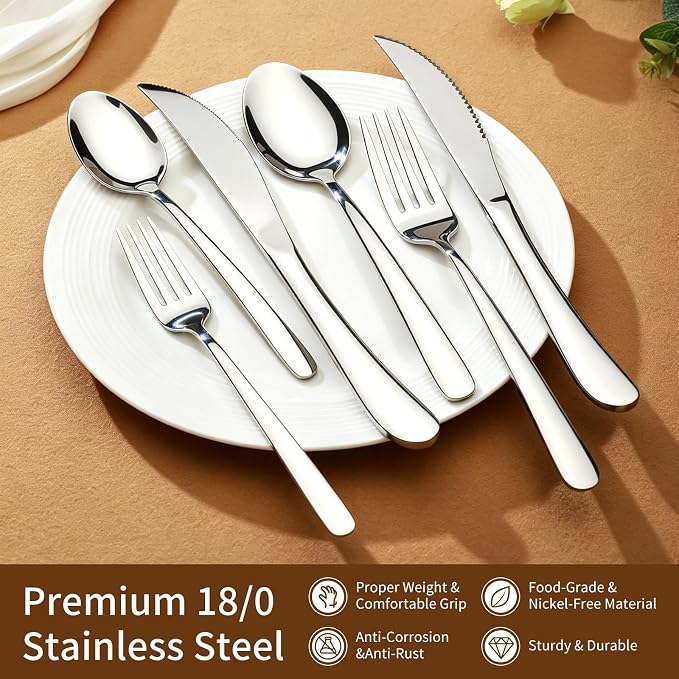 Silverware Set with Steak Knives, 24-Piece Flatware Set for 4 Cutlery Set | 18/0 Stainless Steel Silverware set, Mirror Polished Kitchen Cutlery Set Service for Home and Restaurant, Dishwasher Safe
