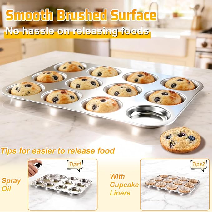 P&P CHEF 12-Cup Muffin Top Pan, Cupcake Pan with Shallow Side, 2PC & Silver | Stainless Steel Muffin Pan Cupcake Tin for Whoopie, Yorkshire Pudding, Egg Bite, Cupcake, Non-toxic & Easy Clean
