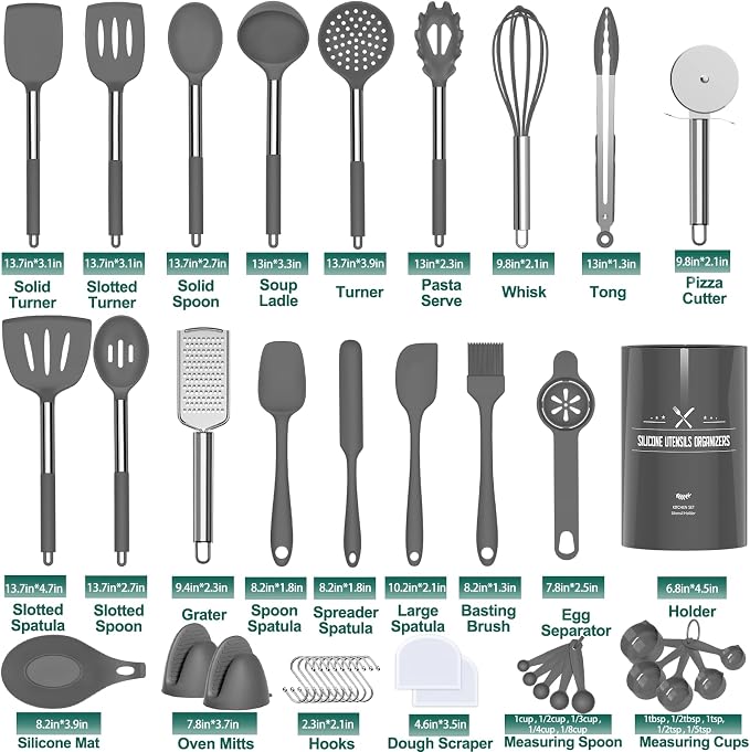 Umite Chef Silicone Kitchen Cooking Utensil Set, 43 pcs Silicone Spatula with Stainless Steel Handle, Non-stick Heat Resistant - Best Cookware (Grey)