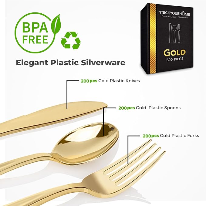 Gold Plastic Silverware Set (600-Pack) – Disposable Heavy Duty Cutlery, 200 Forks, 200 Knives, 200 Spoons for Parties, Weddings, Dinners & Holidays, Stock Your Home