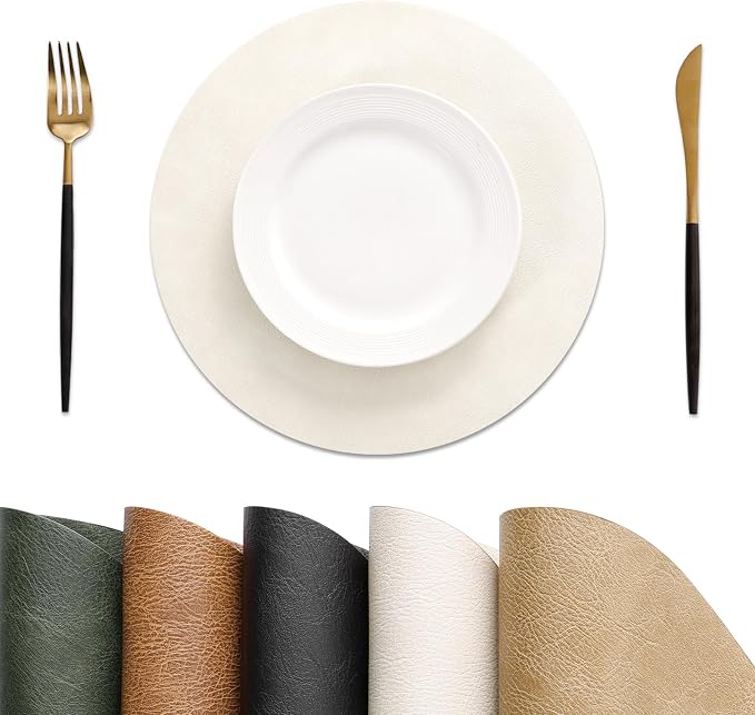 MOSAYT 13 Inch Round Vinyl Placemats Set of 8 - Faux Leather 100% Waterproof Oil-Proof Wipeable PU Place Mats, Heat Resistant Reversible Table Mats for Kitchen, Dining, Outdoor, Beige