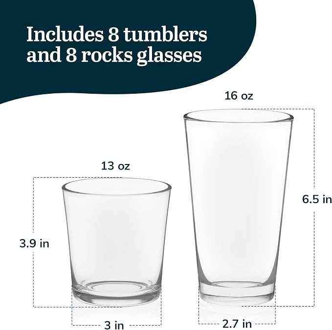 Libbey Preston Tumbler & Rocks Drinking Glasses Set of 16, All-Purpose Cups | 16 oz and 13 oz Capacities for Water, Juice, Cocktails, and More with Wide Mouths and Dishwasher-Safe Cleanup