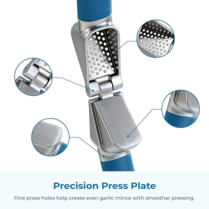 OOU Garlic Press, Stainless Steel Garlic Mincer with Premium Zinc Alloy Construction, Easy-Squeeze Ergonomic TPE Non-Slip Grip Handles, Reverse Cleaning Bumps and Dishwasher Safe Design, Blue