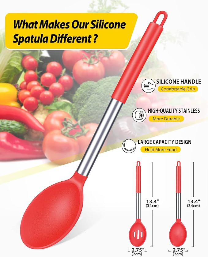 BUNDLEPRO Silicone Cooking Spoons for Non Stick Cookware, 2 Pack, RED | Heat Resistant, Large Kitchen Spoons for Mixing, Serving, Draining, Stirring