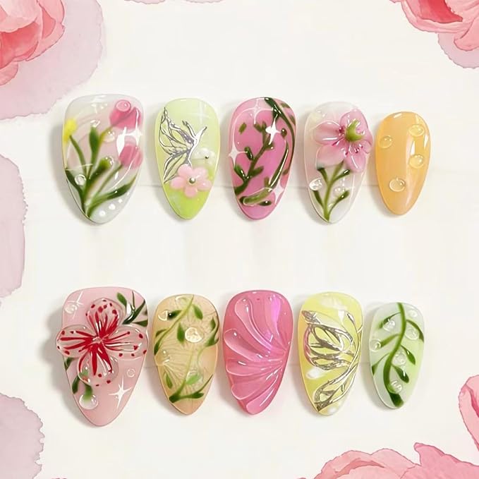 3D Floral Press on Nails Short Almond Fake Nails with Embossed Flower Butterfly Leaf Design Summer Cute Glue on Nails Reusable Acrylic Stick on False Nail Tips for Women Girls Manicure 30Pcs