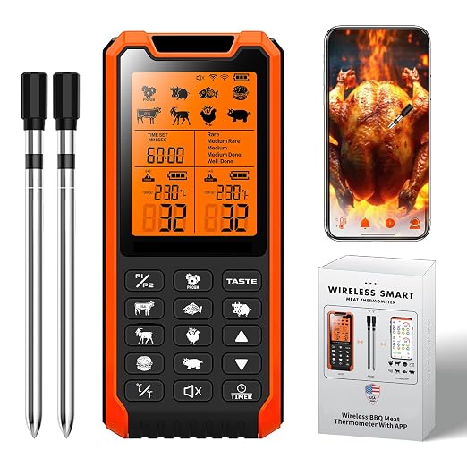 Smart Bluetooth Meat Thermometer - Long Range Wireless Food Thermometer, Digital Meat Thermometer with Dual Probes for BBQ Grill, Oven, Smoker, Air Fryer