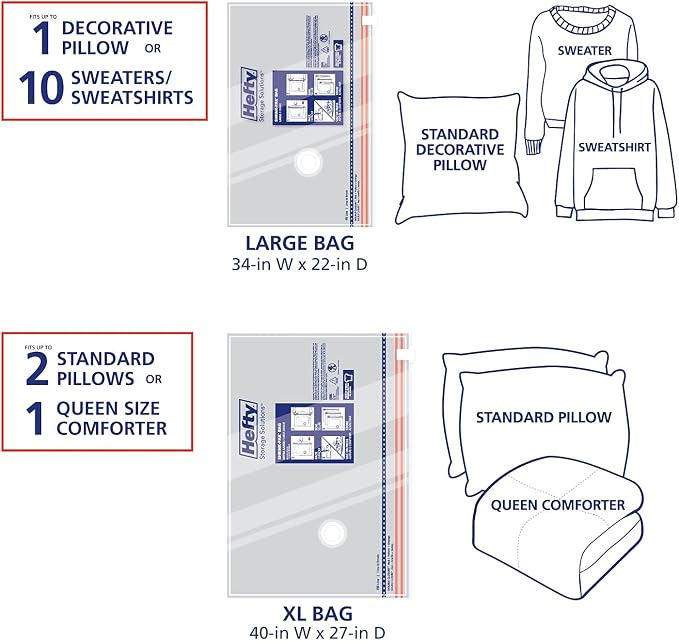 Hefty Shrink-Pak Vacuum Storage Bags - Space Saver for Under Bed Storage, Clothing and Comforters, Odor Resistant, 3X More Storage Space - 3 Large, 3 XL Bags