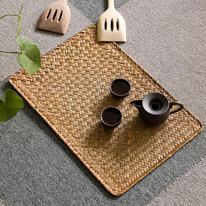 4 Pack Woven Placemats, Rectangular Rattan Place mats, Natural Seagrass Placemats, Farmhouse Wicker Table Mats for Dining Table