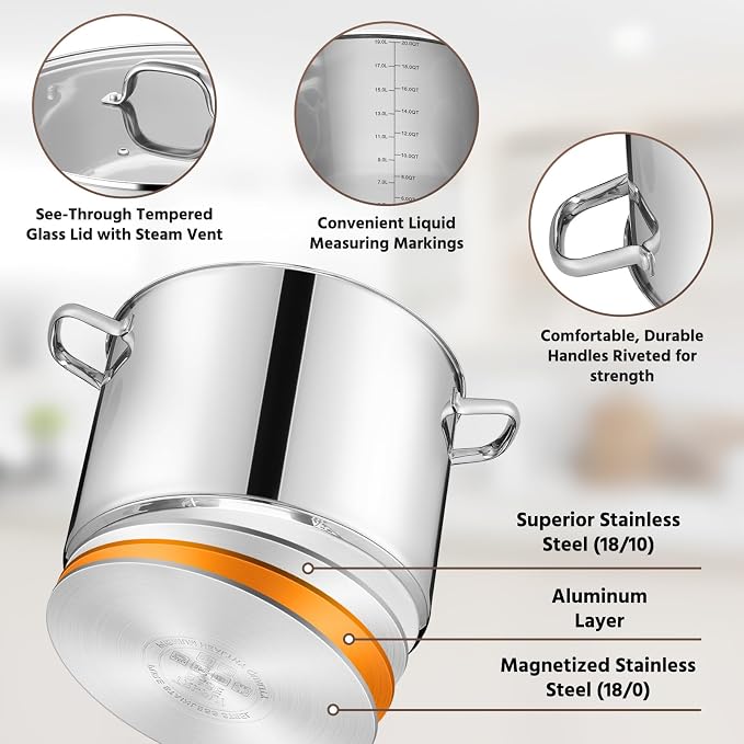 E-far 20 Qt Large Stock Canning Pot, Stainless Steel Stockpot with Lid for Boiling Cooking Soup Stew, Heavy Duty Tri-Ply Bottom Works w/Induction, Commercial Grade & Dishwasher Safe
