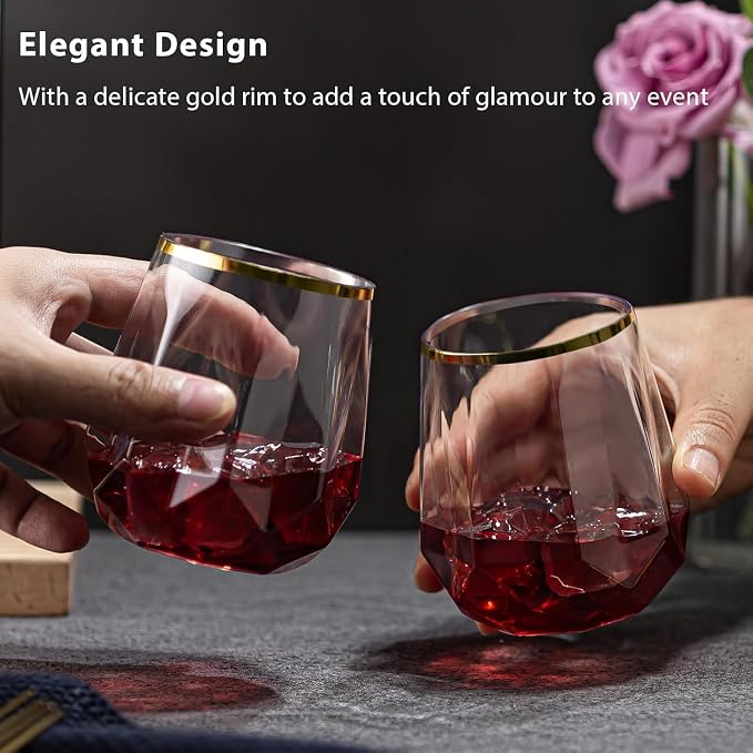 Oojami 40 Pack Disposable Plastic Wine Glasses 12oz Gold Rim - Diamond | Stemless Cocktail Glasses, Champagne Whiskey Wine Cups, BPA-Free Shatterproof Unbreakable Reusable Recyclable, Wedding Party