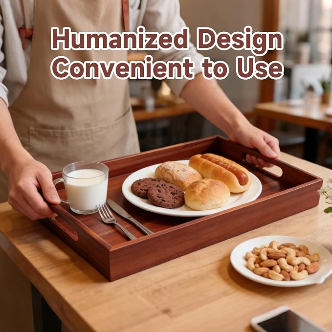 17 x 12 Inch Acacia Wood Large Serving Tray with Handles | Multi-use Tray for Coffee Table, Ottoman, Bed Breakfast, Included Free Leather Mat