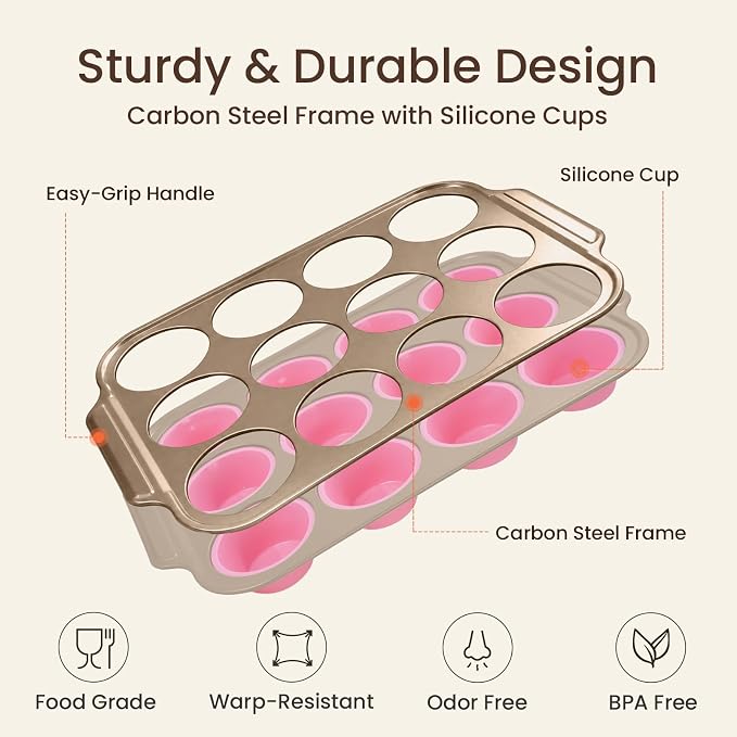 Silicone Muffin Pans for Baking with Metal Frame, 12-Cup Silicone Cupcake Pan, Egg Bite Silicone Mold, Nonstick, BPA Free, Oven & Dishwasher Safe