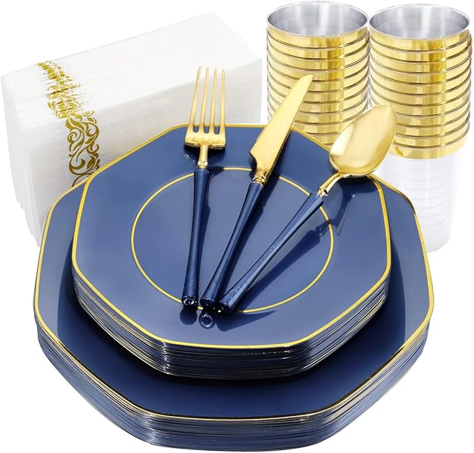 KIRE 140Pcs Blue Plastic Plates with Gold Rim - Navy Blue Plates for Party | Include 40pcs Blue and Gold Plates, Gold Plastic Silverware with Blue Handle&Clear Cups&Hand Napkin for Wedding
