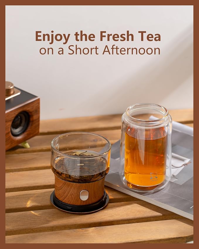 ZENS Glass Infuser Teapot, One Touch Tea Maker for Loose Leaf Tea, Walnut | Modern Tea Diffusers, Magic Tea Pot with 9oz Insulated Mug and Portable Bag for Tea Lovers Gifts